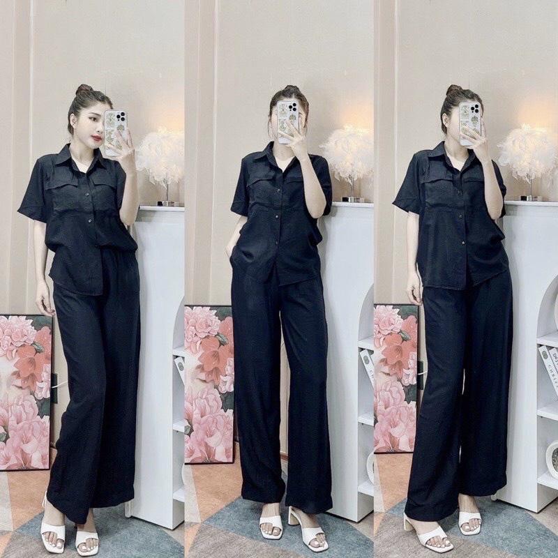 SET BỘ ĐI CHƠI, SET 2 MÓN ÁO SƠ MI TAY NGẮN PHỐI QUẦN SUÔNG ỐNG RỘNG CỰC SANG CHẢNH - Black