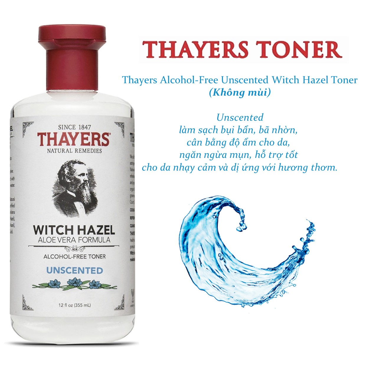 Nước Hoa Hồng Thayers Unscented 355ml (Dành cho da nhạy cảm, dị ứng với mùi hương)