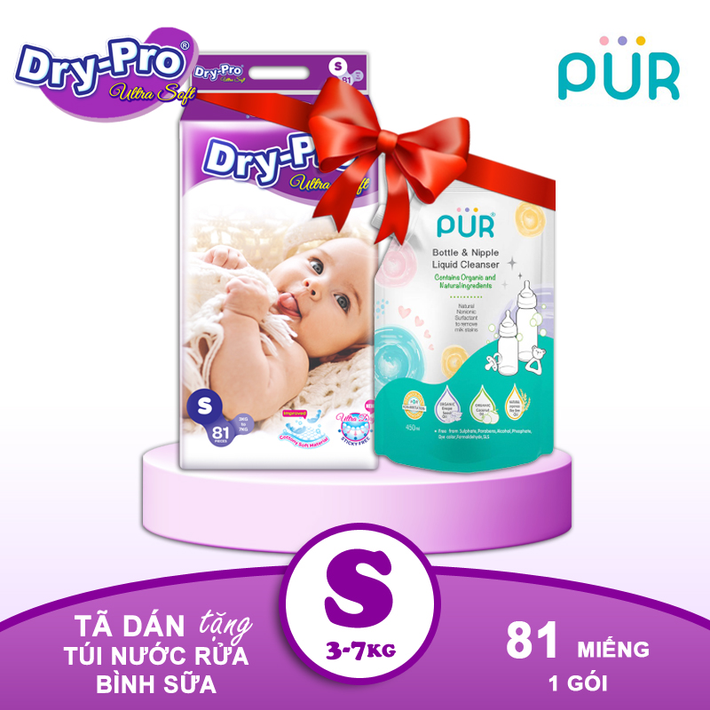 Combo tã/bỉm dán Dry-Pro S81 + tặng Túi nước rửa bình sữa Pur 450ml