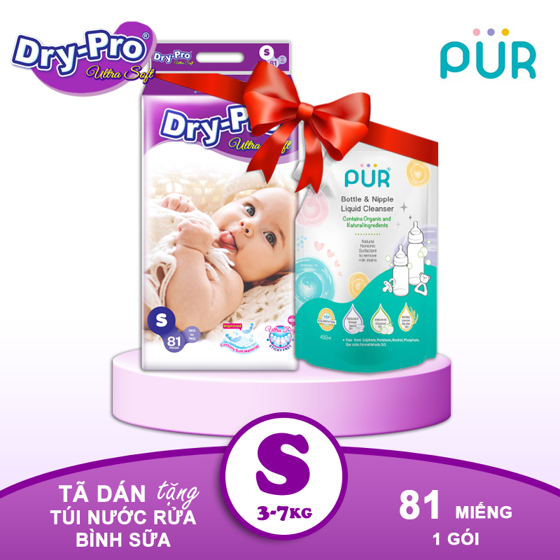 Combo tã/bỉm dán Dry-Pro S81 (3kg - 7kg) + tặng Túi nước rửa bình sữa Pur 450ml