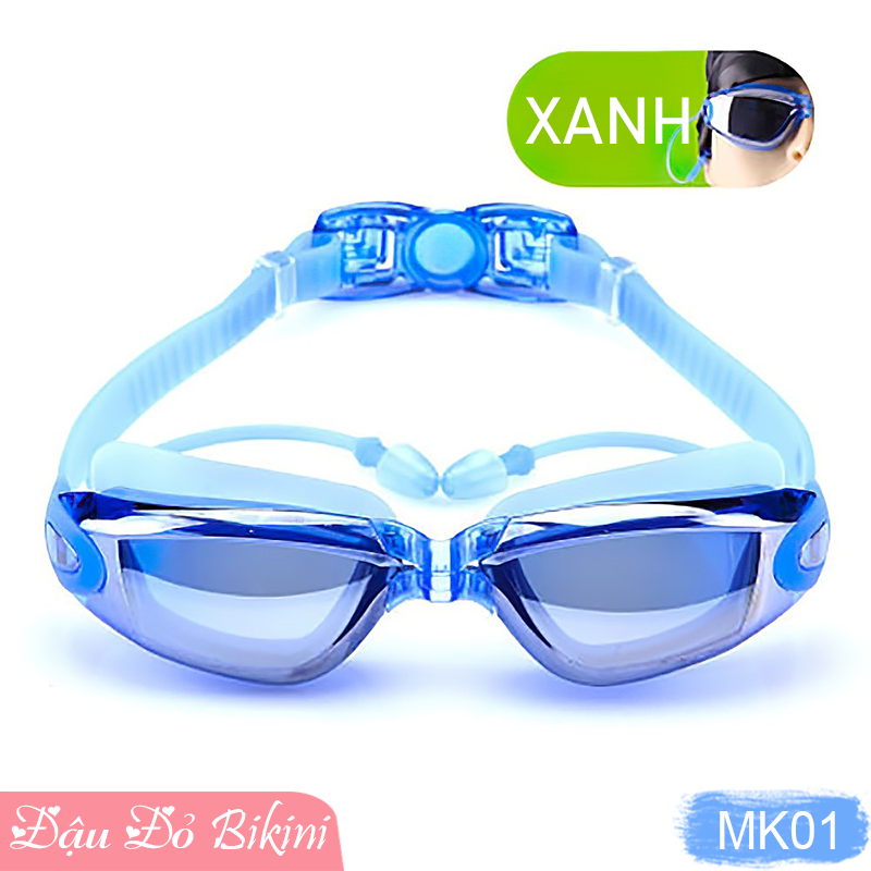 Kính bơi nam nữ &amp; trẻ em lớn tráng gương thời trang, có kèm bịt tai &amp; kẹp mũi, chống nước, chống đọng sương mờ và tia cực tím UV, dây đeo bấm điều chỉnh theo đầu | MK01