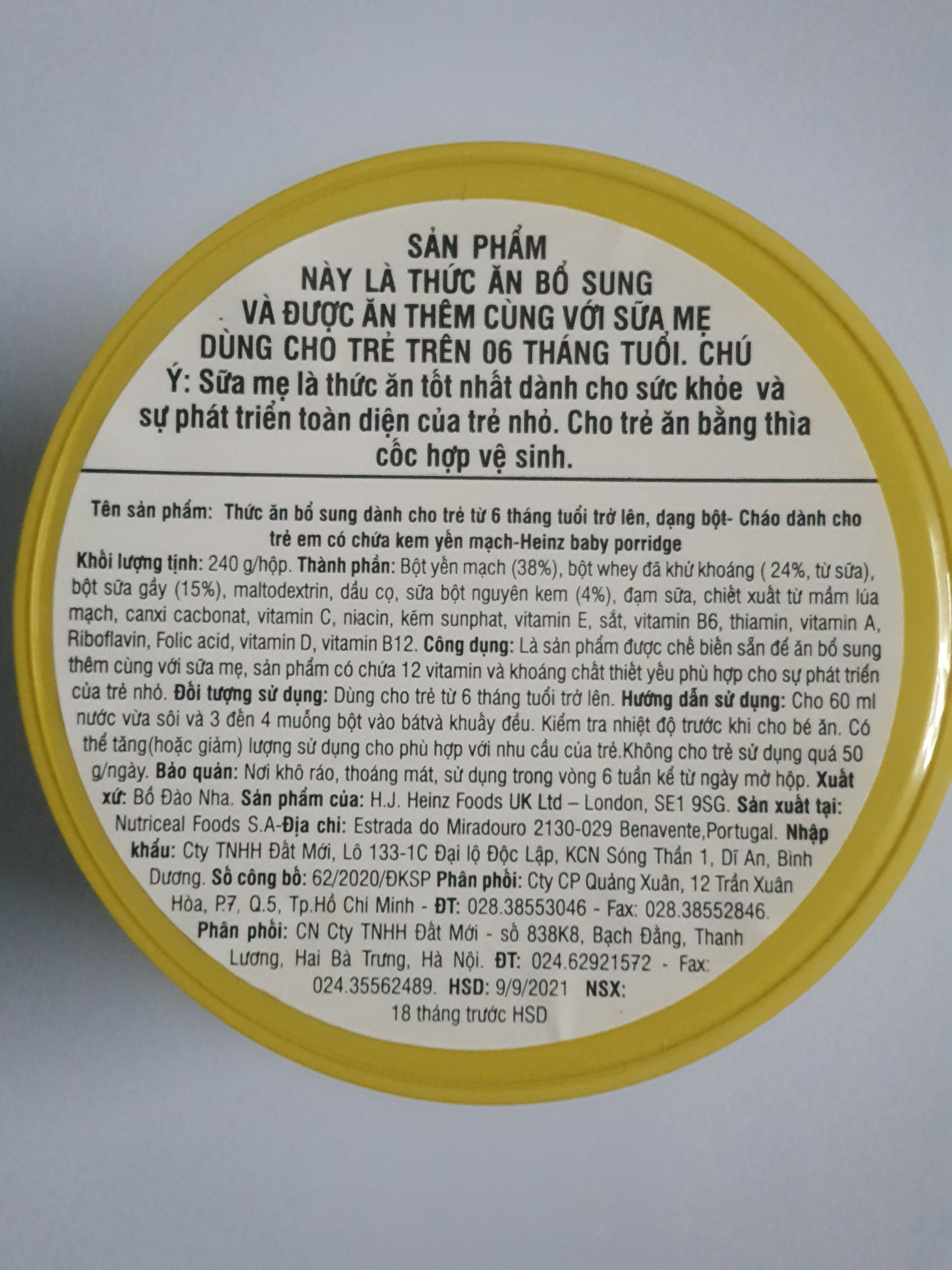 Bột Ăn Dặm kem yến mạch 6m  Heinz (240g)