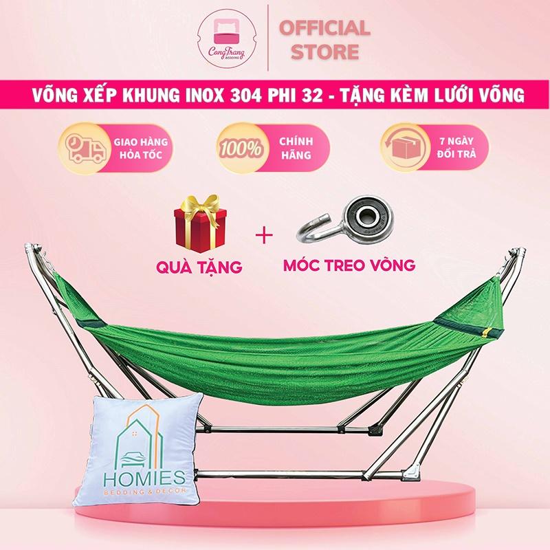 Võng Xếp Khung Inox Tròn 304 Trường Nga Phi 32 Chịu Lực 250kg + Tặng Kèm Lưới Võng Cỡ Đại