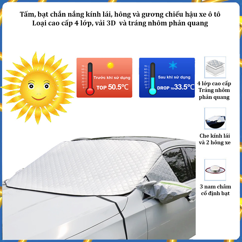 Tấm bạt chắn nắng kính lái, hông xe và gương chiếu hậu xe ô tô 4 lớp tráng nhôm cách nhiệt tích hợp nam châm cố định
