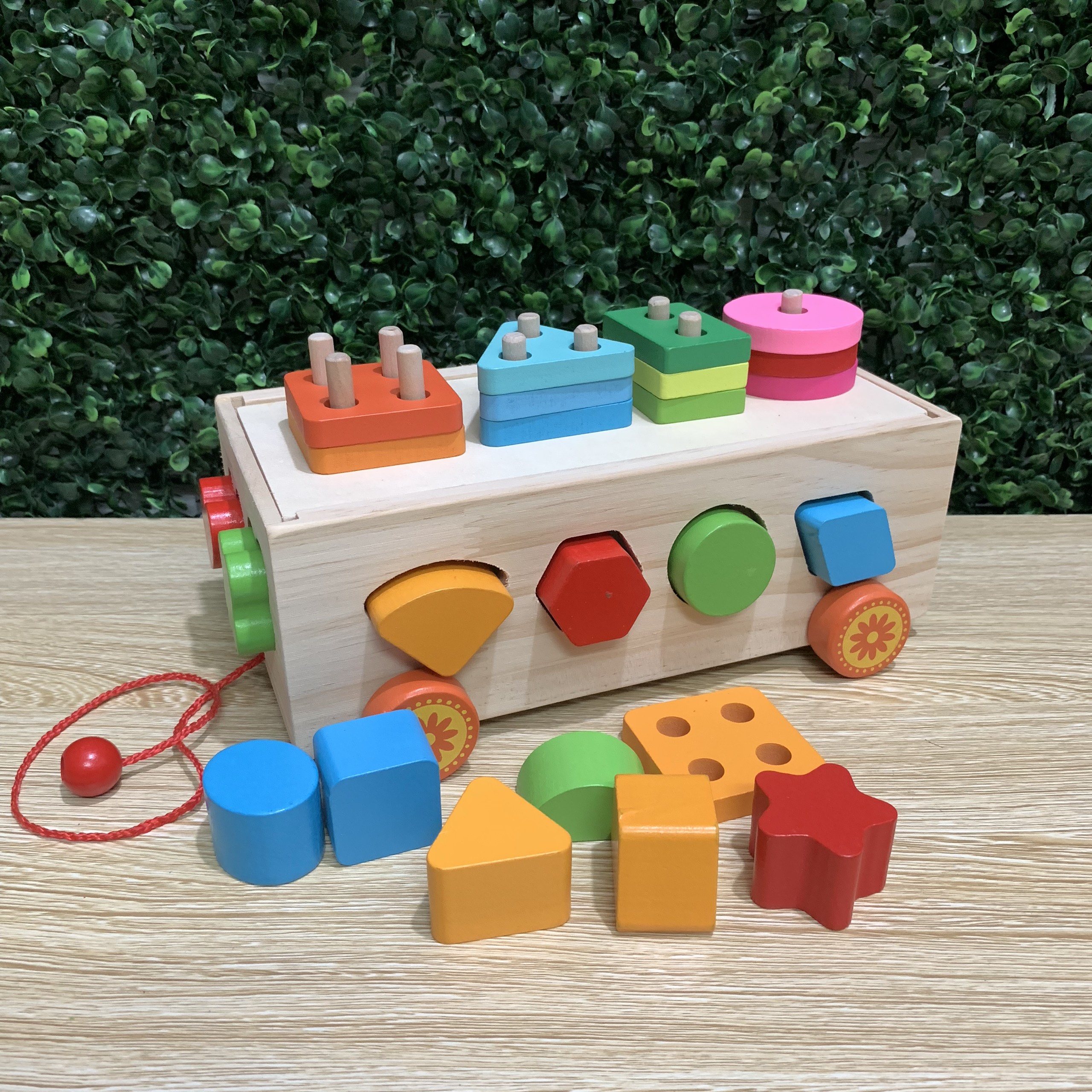 Đồ Chơi Xe Kéo Thả Hình Kết Hợp Phân Loại Hình Khối Trên Thanh Bằng Gỗ Tặng Kèm Cho Bé Bộ Thẻ Học Chữ Cái Và Số Đếm