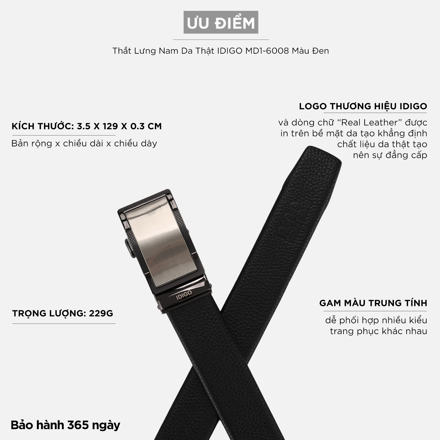 Thắt Lưng Nam Da Bò IDIGO MD1 - 6008 Màu Đen