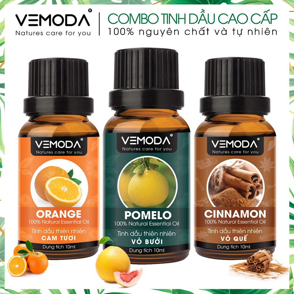 Tinh dầu Xông phòng gồm Combo 3 lọ tinh dầu cao cấp: tinh dầu Vỏ bưởi MG + tinh dầu Vỏ quế + tinh dầu Cam tươi Vemoda