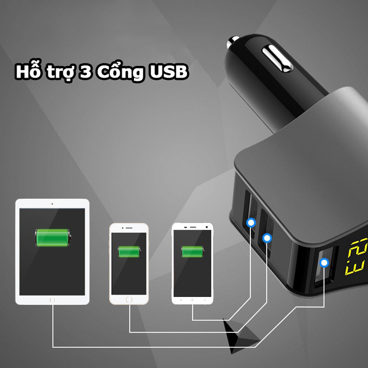 Tẩu sạc 3 cổng USB có màn hình hiển thị điện áp và một lỗ tẩu HY-10