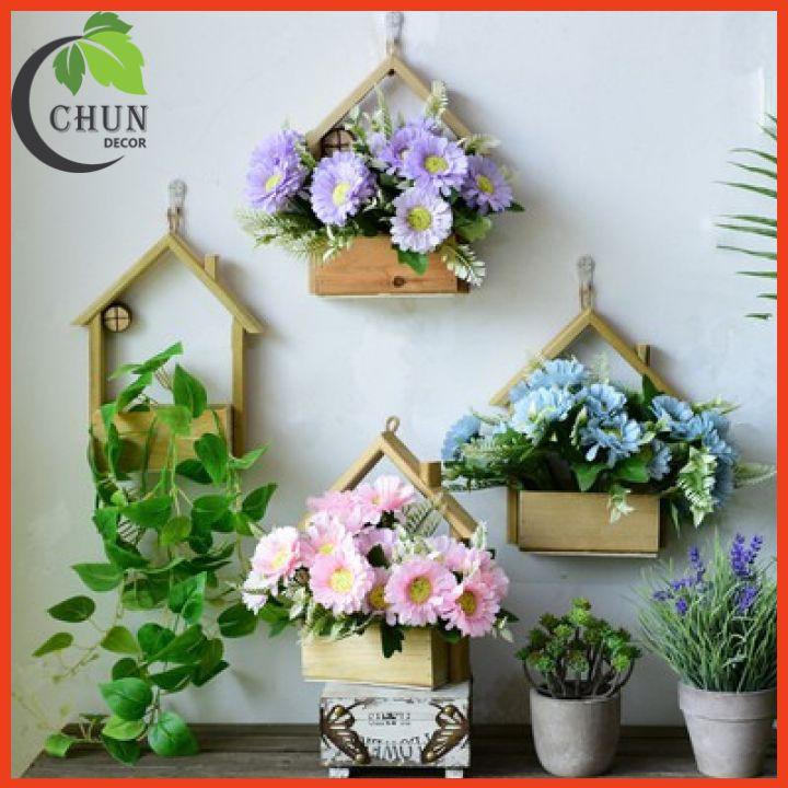 Hoa giả - Giỏ hoa, lẵng hoa lụa treo tường hình ngôi nhà nhiều mẫu, chất liệu gỗ thông tự nhiên