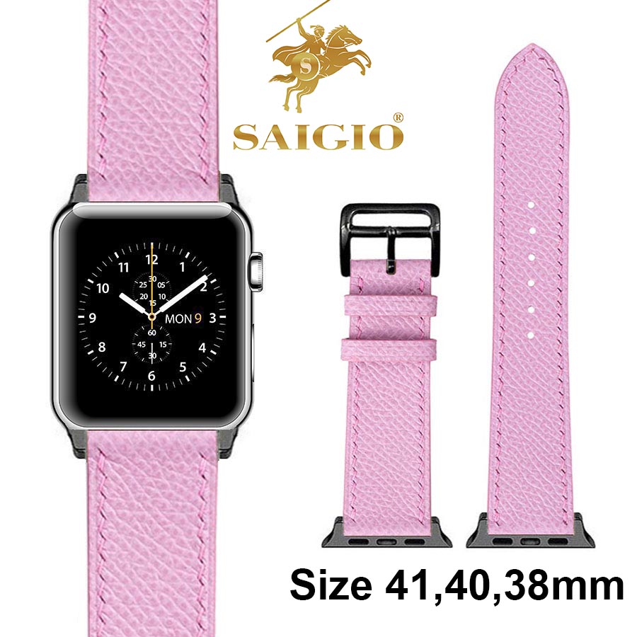 Dây Đồng Hồ Apple Watch 41mm 40mm 38mm, Chất Liệu Da Bê EPSOM Thảo Mộc Cao Cấp, Nhập Khẩu Từ Châu Âu, Dây Đeo Phong Cách Hiện Đại và Sang Trọng, Tương Thích Các Phiên Bản Series 8/7/6/5/4/3/2/1/SE/SE2 - Hồng - ADAPTER ĐEN