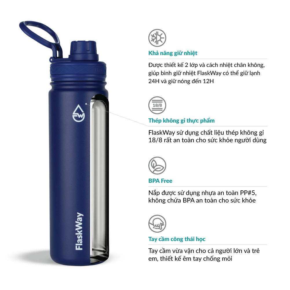Bình giữ nhiệt FlaskWay xanh dương Deep Blue 22oz (650ml)