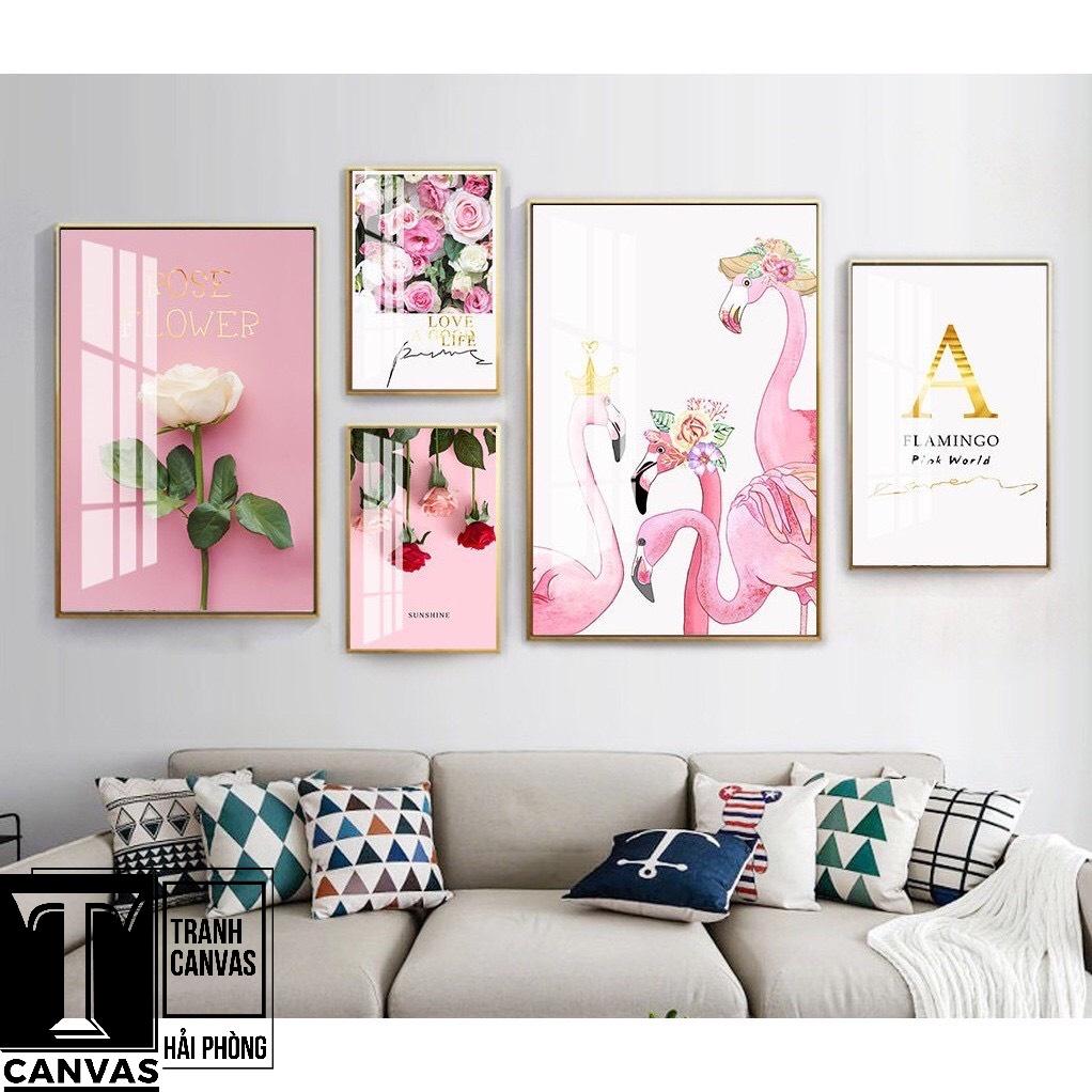 SET Tranh canvas treo tường phòng khách, tranh hiện đại nghệ thuật hoa màu hồng
