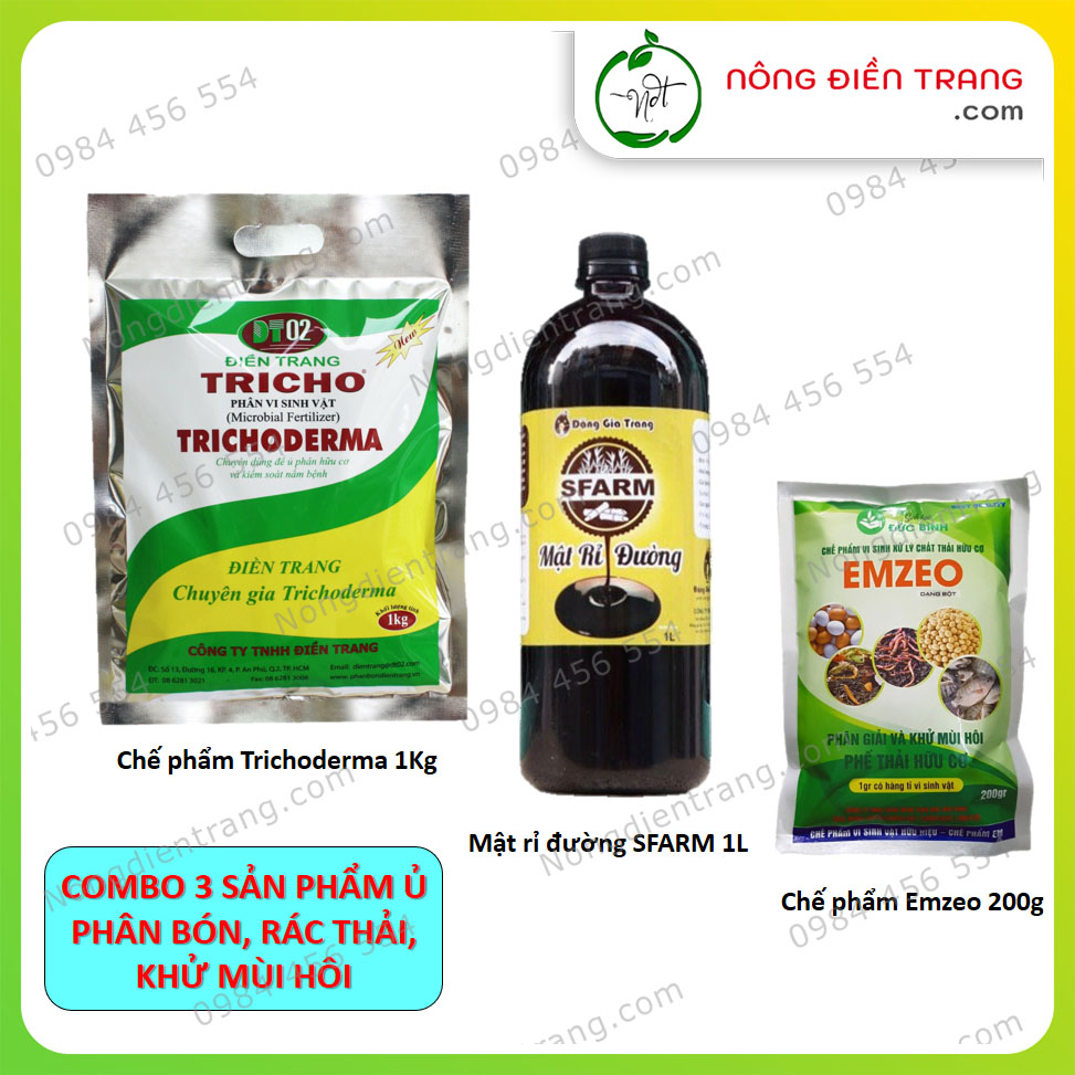 Combo 1 Gói Emzeo Khử Mùi Hôi 200G, 1 Lít Mật Rỉ Đường Sfarm và 1Kg Nấm Đối Kháng Trichoderma - Ủ phân bón. xử lí rác thải hữu cơ, khử mùi hôi chuồng trại, ao cá, thú nuôi VTNN Nông Điền Trang
