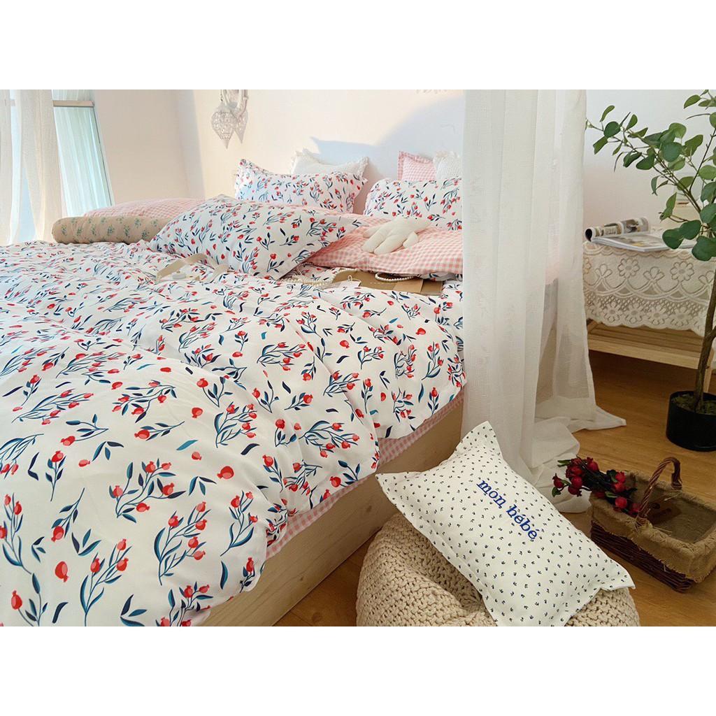 Bộ chăn ga gối Cotton Poly M2T bedding chăn ga Hàn Quốc Họa tiết quả lựu tí hon đủ size miễn phí bo chun