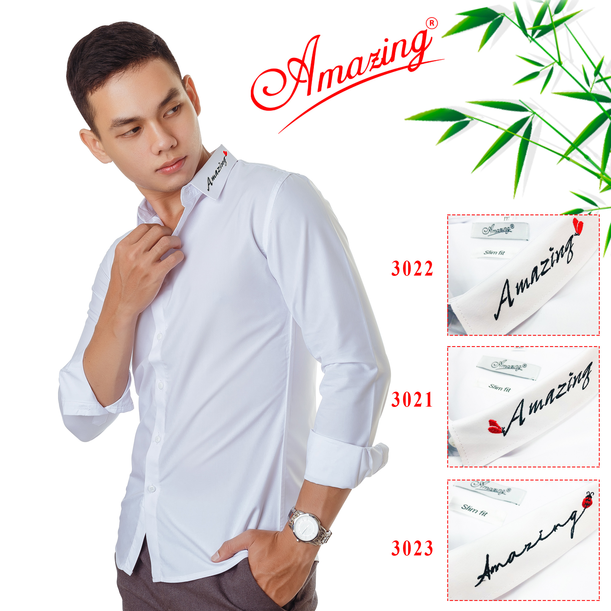 Áo sơ mi nam thêu chữ, thương hiệu cao cấp Amazing, phong cách Hàn Quốc, form body slimfit, tay dài