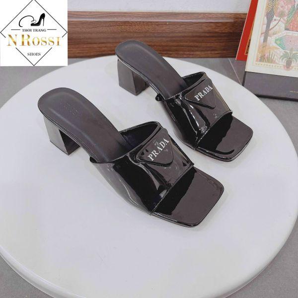 Dép cao gót đính khoá sang trọng mũi vuông cao 5 phân đen bóng size 40 41 42 43 44