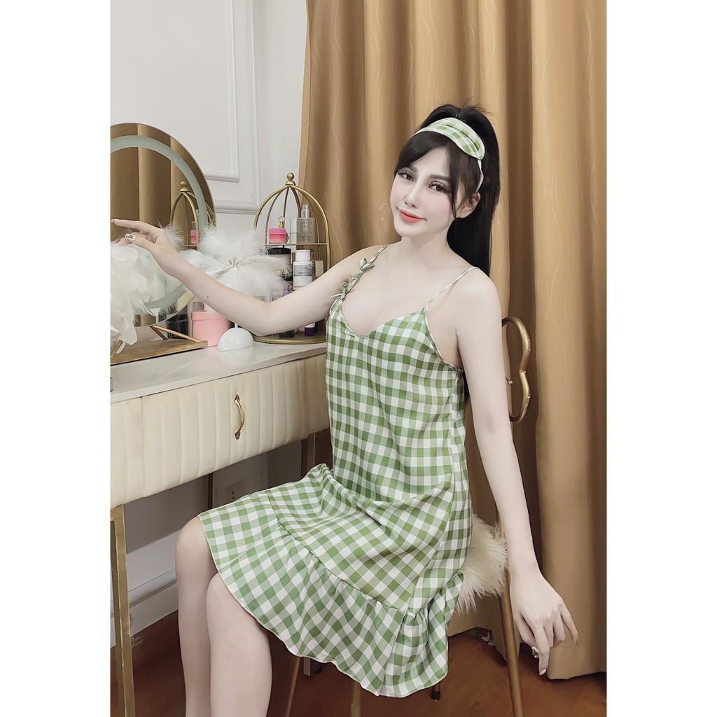 Váy ngủ hai dây đầm ngủ lụa có mút ngực mềm mịn đuôi xếp li MD32
