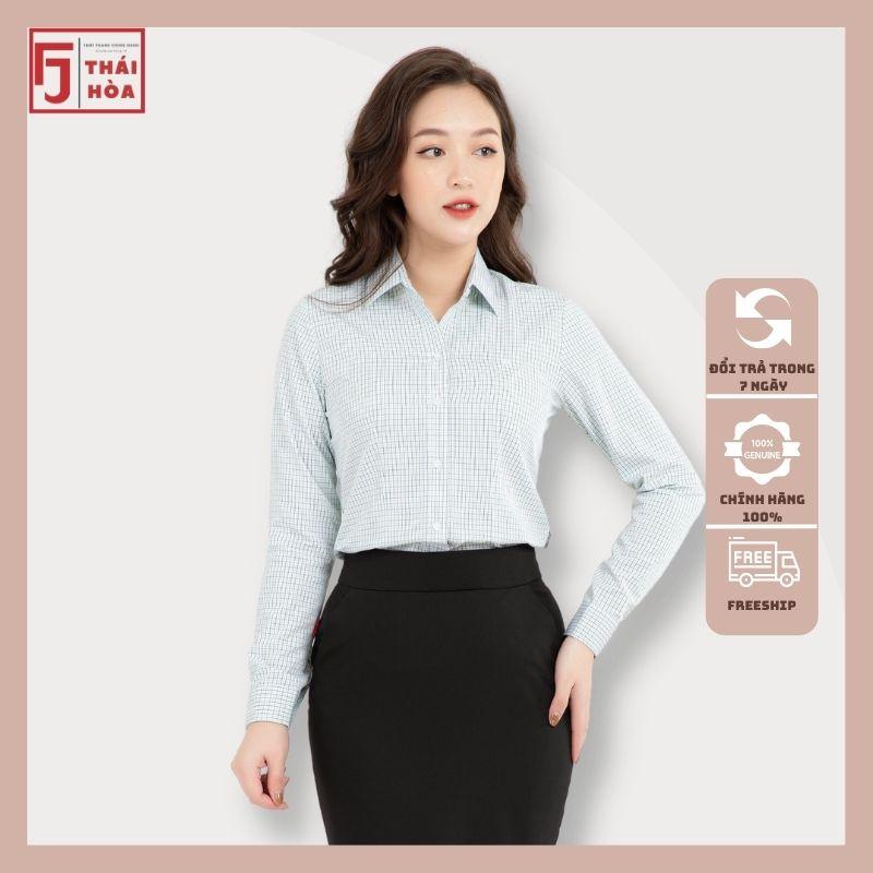 Sơ mi nữ Thái Hoà kẻ caro công sở đẹp cotton màu rêu A092-02-01