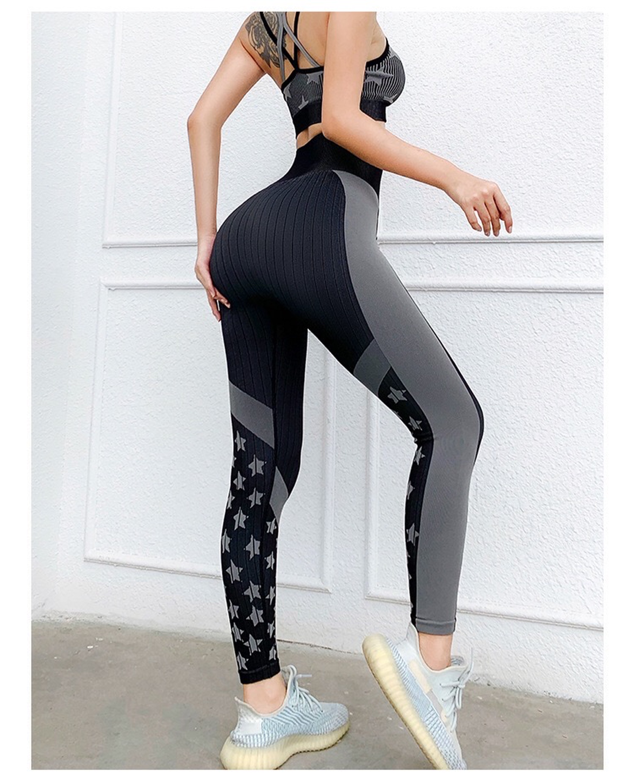 Bộ Tập Yoga Gym Dệt Kim Naqi FY-141 Bra Dây Chéo  Họa Tiết Ngôi Sao Sang Trọng Tôn Dáng
