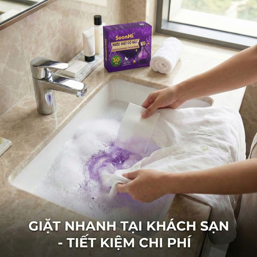 Nước Giặt Cô Đặc SoonMi Hương Lavender - Công Nghệ Giặt Tẩy Thế Hệ Mới (Hộp 30 Tờ) - hàng chính hãng