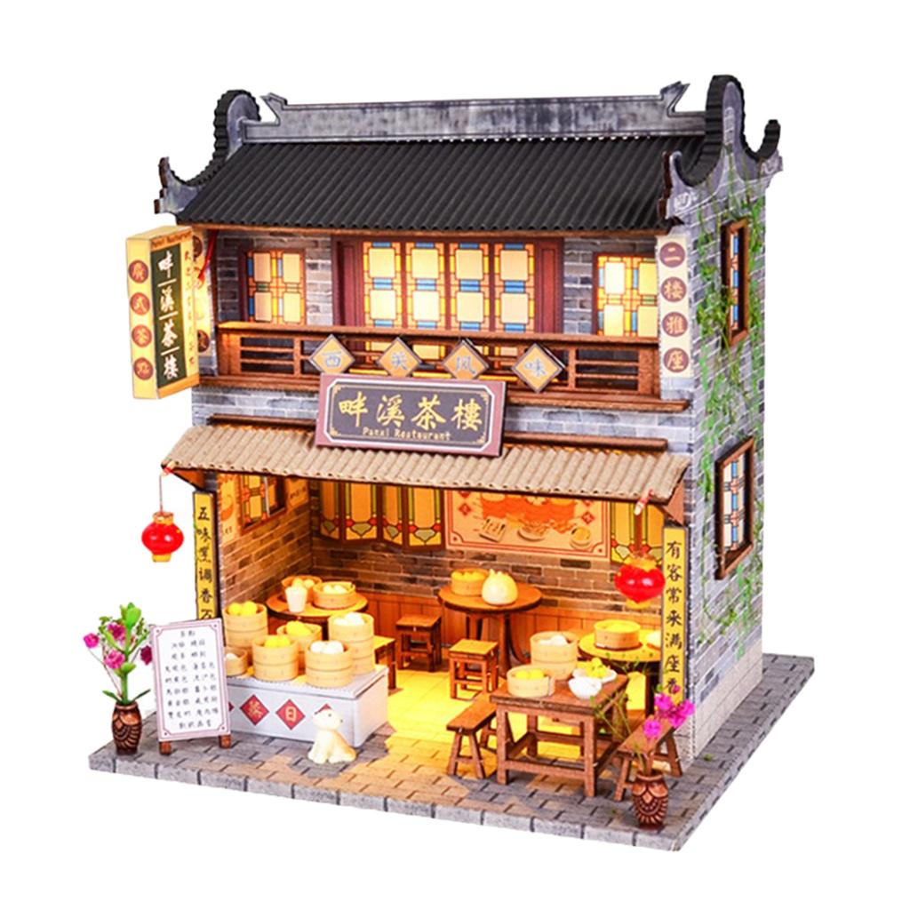1/24 DIY Miniature Dollhouse Creative Teahouse with Furniture LED Lights Toy
