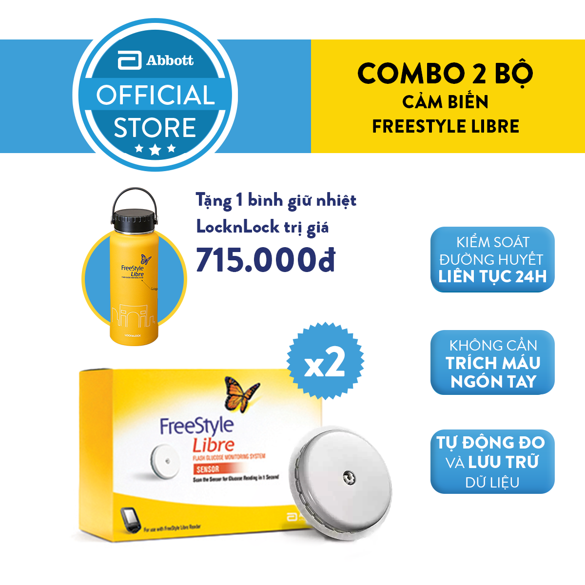 Combo 2 bộ cảm biến FreeStyle Libre tặng 1 bình giữ nhiệt Lock & Lock (Sử dụng cùng với đầu đọc cầm tay FREESTYLE LIBRE)