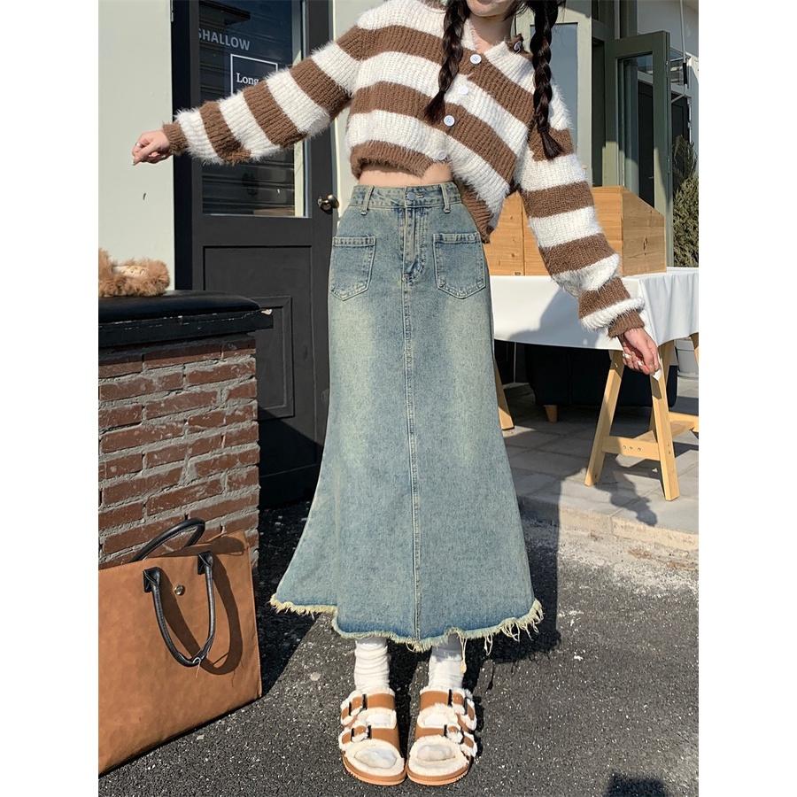Chân váy jean đuôi cá EMIX, ulzzang, dáng dài midi, cạp cao, 2 túi trước phong cách hàn quốc 6832