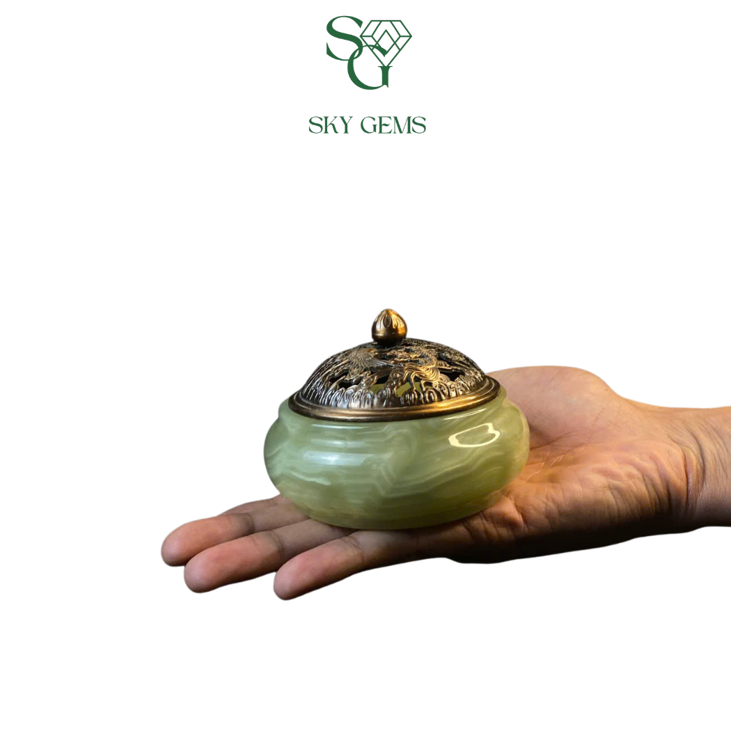 Lư Xông Trầm Ngọc Onyx Xanh và Trắng – Cao 7cm, Đường Kính 10cm – Khói Đẹp, Bền, Sang Trọng