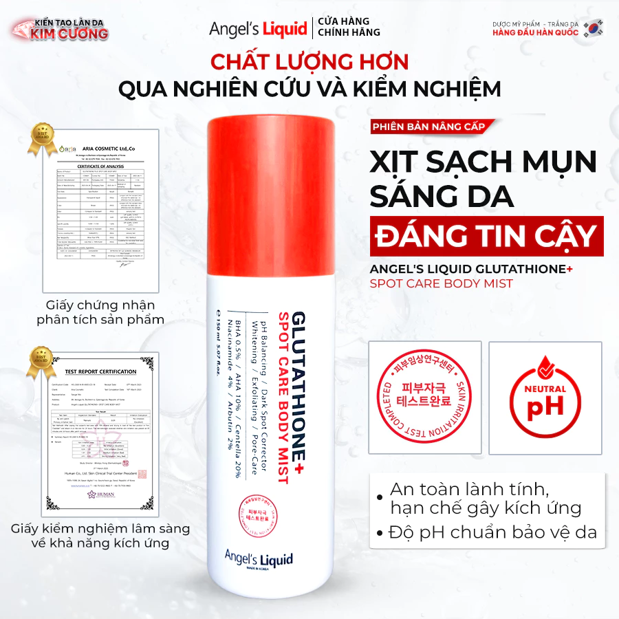 [PHIÊN BẢN NÂNG CẤP] Xịt Giảm Mụn Lưng Sáng Da Cơ Thể Angel's Liquid Glutathione+ Spot Care Body Mist 150ml