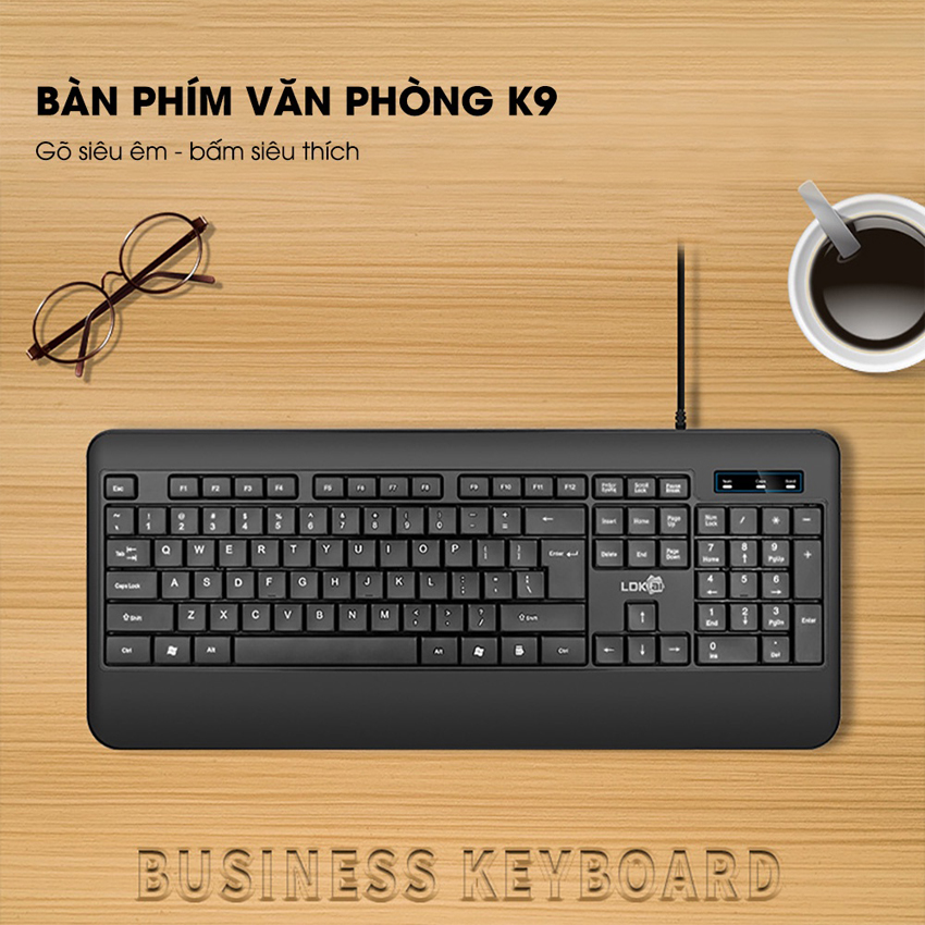 Bàn phím máy tính có dây K9 thiết kế full size 104 phím chống nước phần kê tay siêu rộng cho laptop, máy tính văn phòng