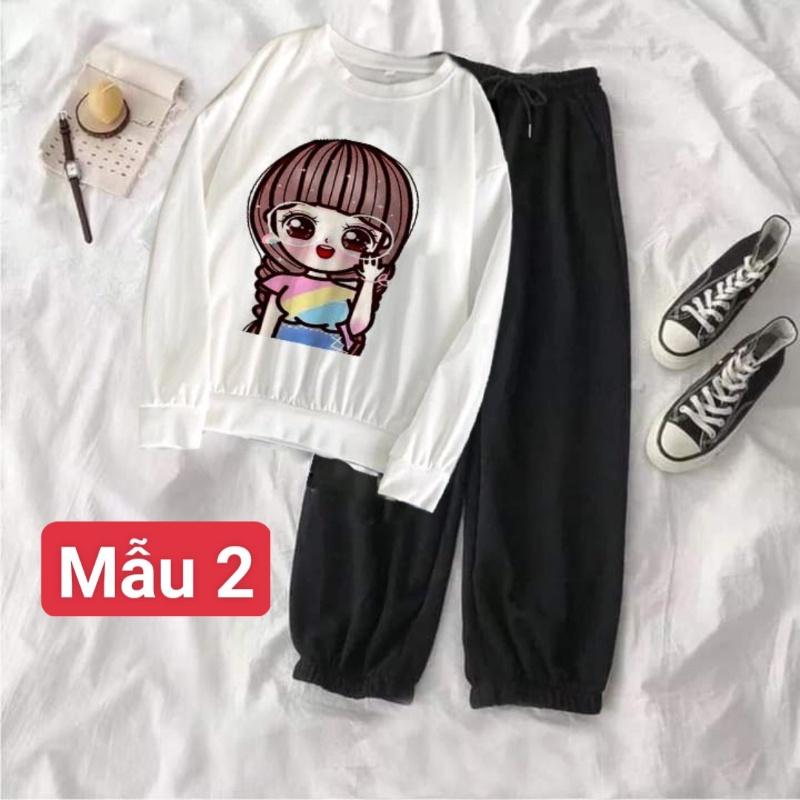 Bộ áo nỉ dài tay các hình kèm quần bom đen