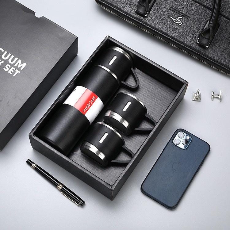 Bình Giữ Nhiệt Cao Cấp 500ML Lõi Inox 304 Tặng Kèm 2 Cốc Cách Nhiệt, Fullbox Làm Quà Tặng Sang Trọng