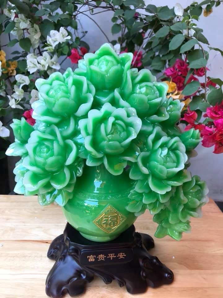 Bình Hoa Mẫu Đơn đẹp lắm xanh lộc lá size cao 38cm x ngang 30cm x sâu 12cm Biểu Tượng Sự Giàu Sang Phú Quý Hợp ACE mệnh Mộc Hoả trưng bàn rất đẹp