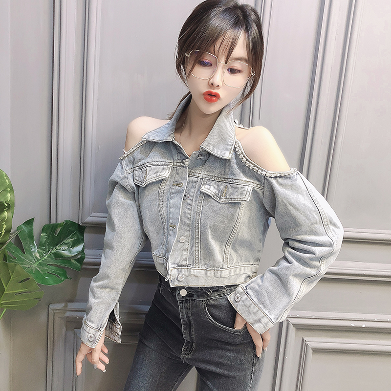 Hàng Quảng Châu - Áo sơ mi jean vai cut-out kết đá sang chảnh - A16263