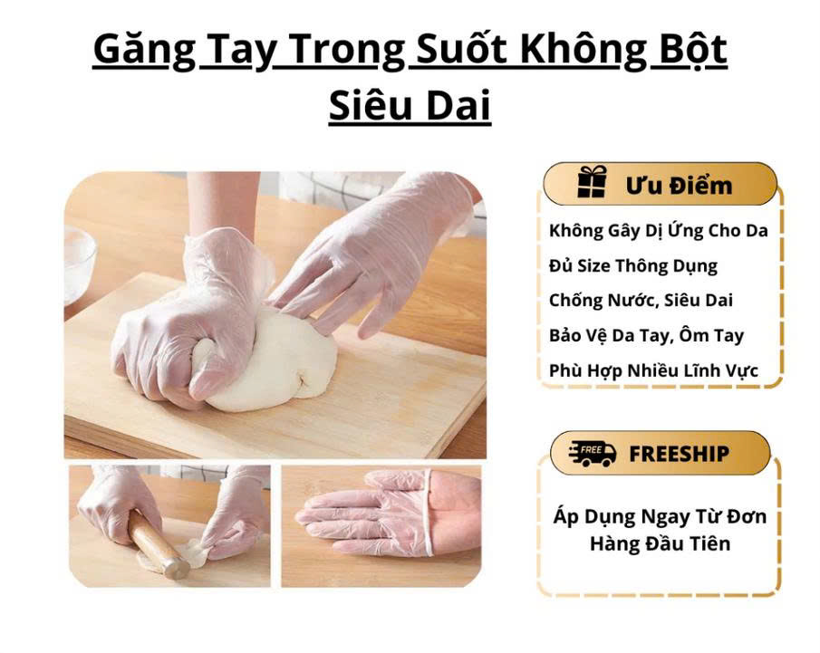 50 Găng Tay Size M Không Bột Màu Trắng Trong Suốt Dùng Cho Chế Biến Thực Phẩm Làm Đẹp Spa Massage Thẩm Mỹ