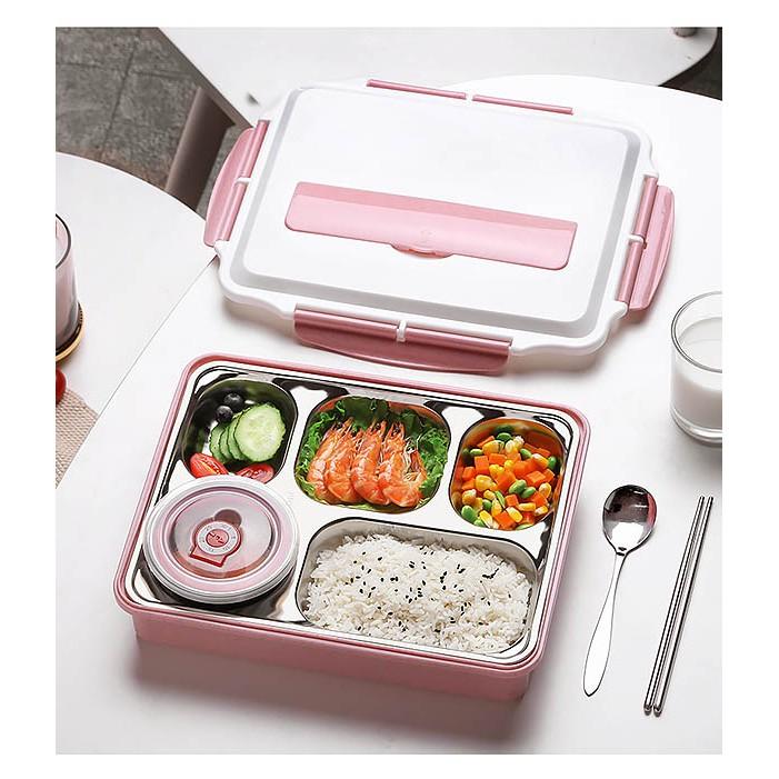 Hộp Cơm Văn Phòng Inox 5 Ngăn Giữ Nhiệt Nắp Đậy Chống Tràn Tặng Kèm Đũa Thìa Inox Tiện Ích, Khay Đựng Cơm Inox 304 - Giao Màu Ngẫu Nhiên - Free Ship Toàn Quốc