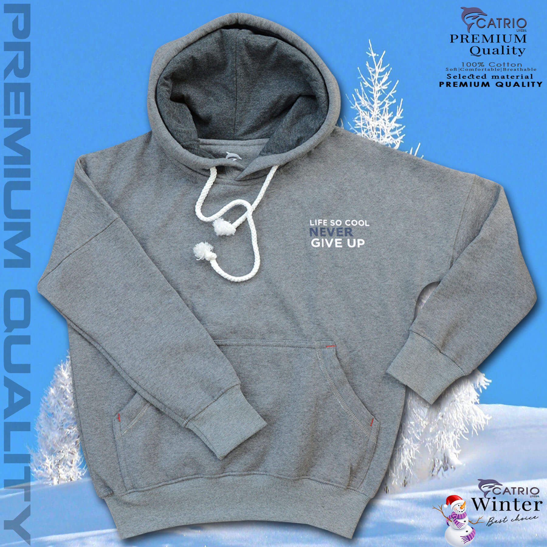 ÁO HOODIES TRẺ EM là áo thun dài tay, có mũ, có túi thời trang, vải 100% cotton dày và ấm vào mùa thu đông phù hợp với trẻ em cả bé trai và bé gái với hình in NEVER GIVE UP độc đáo ở phía trước và phía sau lưng in hình mountain có độ bền cao màu XÁM ĐẬM