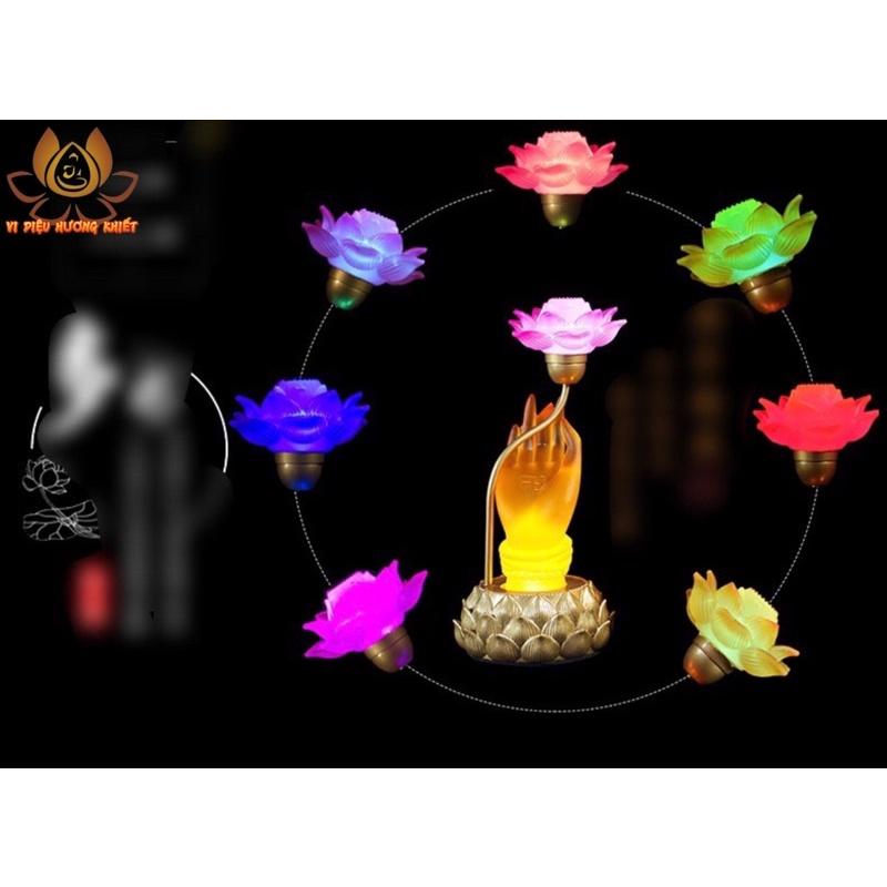 CẶP 2 CÂY ĐÈN LED TAY PHẬT CẦM HOA SEN LƯU LY PHA LÊ THỜ CÚNG TRANG TRÍ
