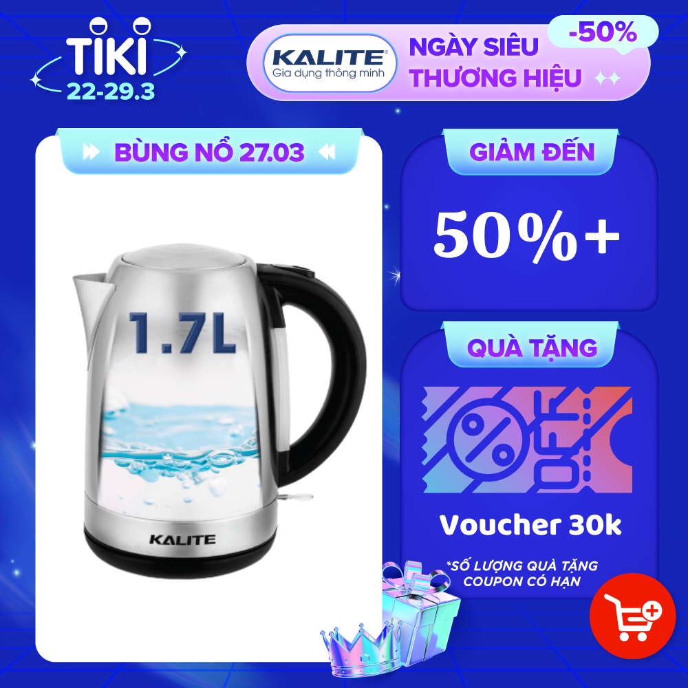 Ấm đun nước siêu tốc Kalite KL 301, dung tích 1.7L, công suất 1850W, 3 chế độ tự ngắt điện an toàn, hàng chính hãng