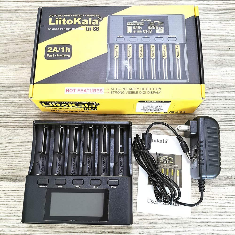 Bộ sạc pin LiitoKala lii-S6 Bộ sạc 6 khe tự động phát hiện cực tính cho 18650 26650 21700 14500.10440 AA AAA