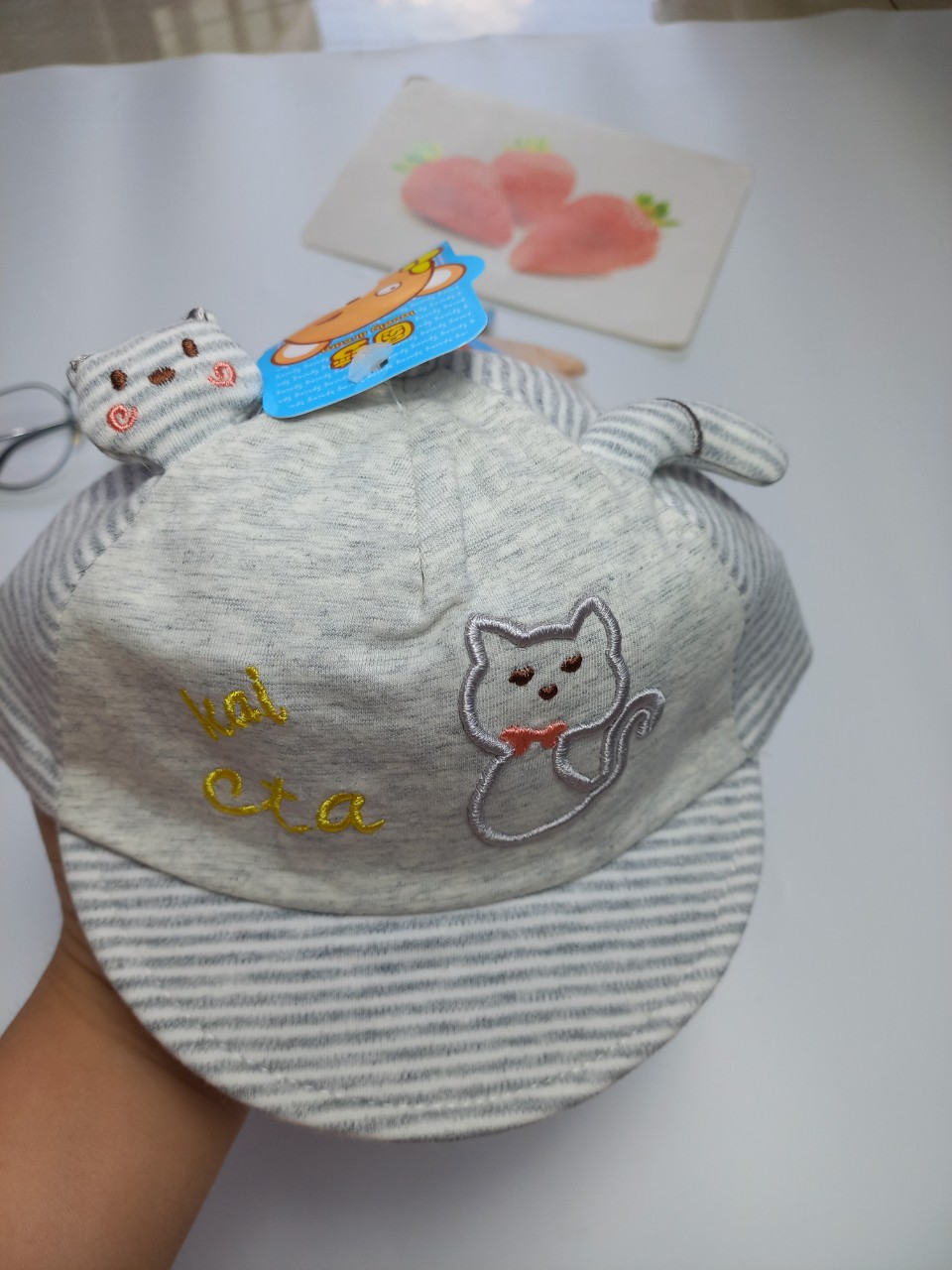 Mũ, nón mèo lưỡi trai cao cấp mềm dễ thương kẻ sọc kèm điều chỉnh độ rộng cho bé từ 3_12 tháng
