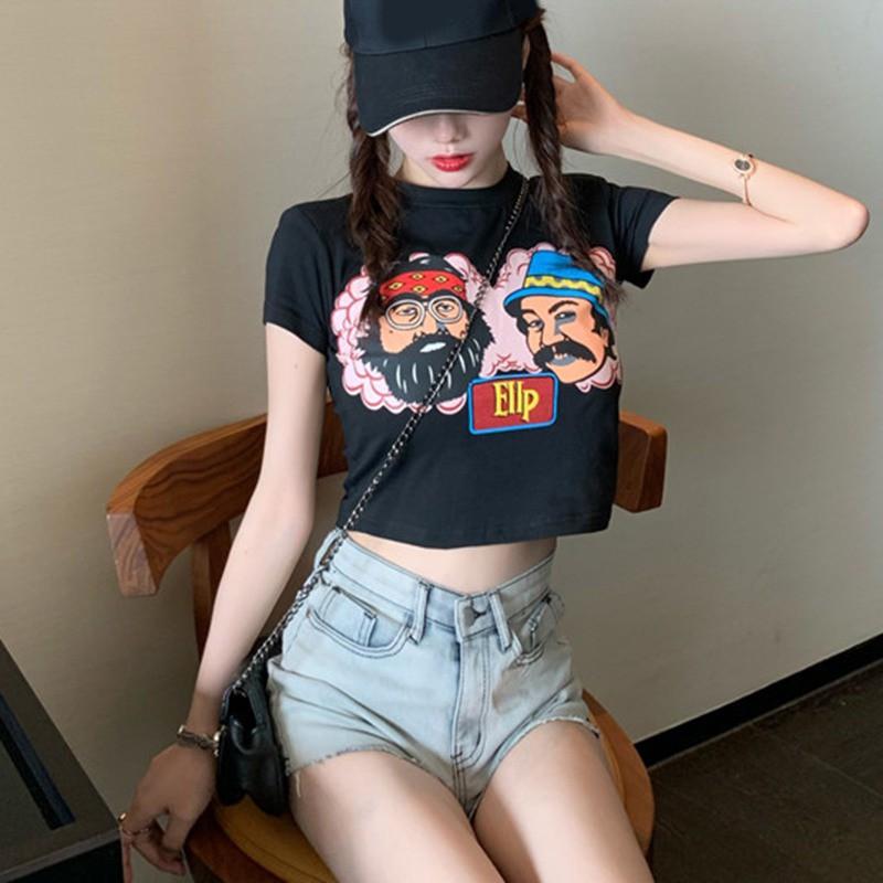 Áo Croptop Tay Ngắn Cổ Tròn In Họa Tiết Thời Trang Phong Cách Hàn Quốc