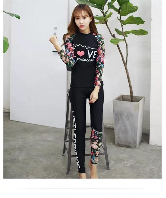 Đồ bơi tay dài quần dài hoa đen