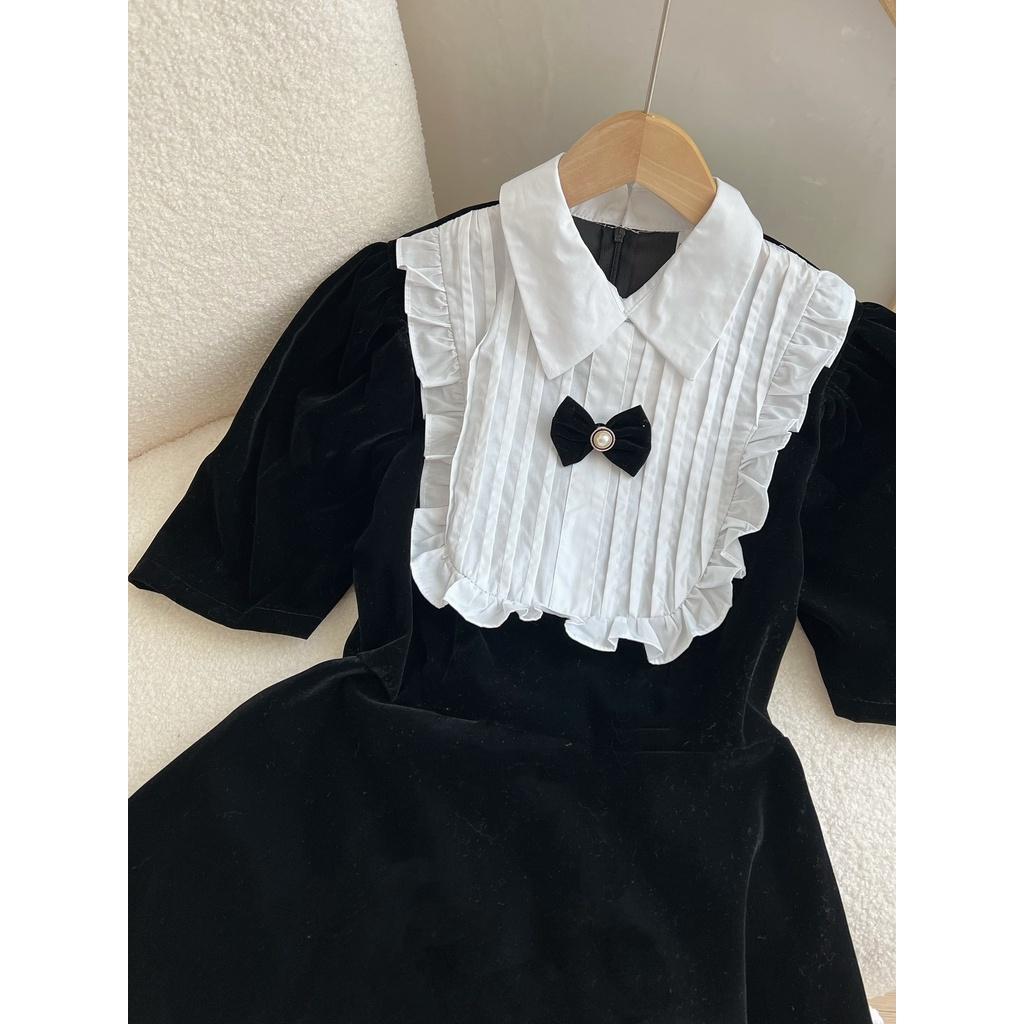 VÁY NHUNG TAY BỒNG PHỐI CỔ TRẮNG