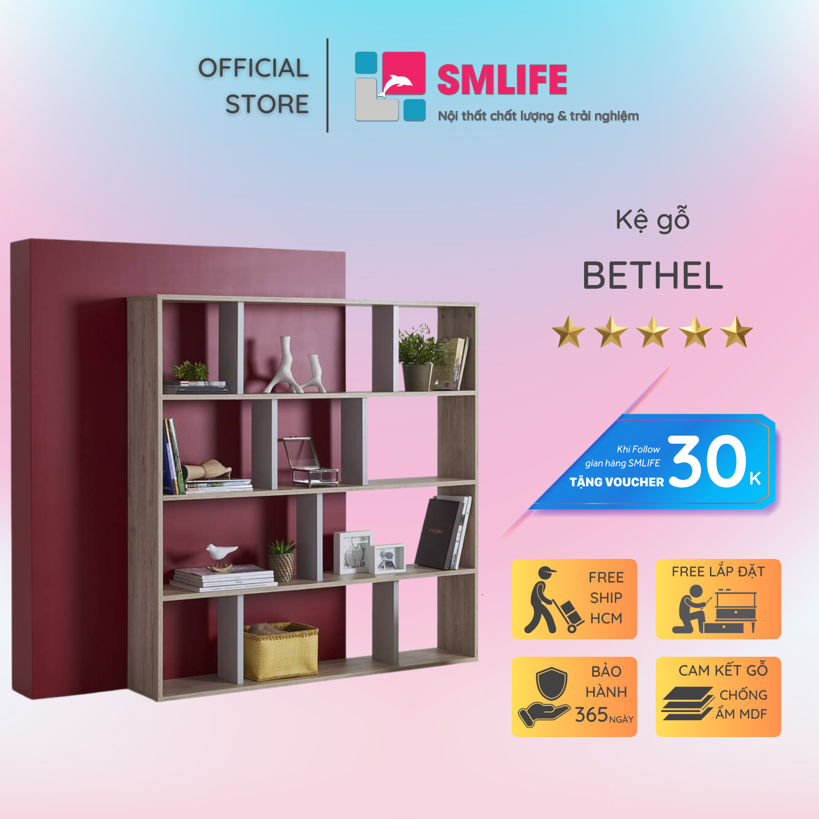 Kệ sách gỗ hiện đại SMLIFE Bethel | Gỗ MDF dày 17mm chống ẩm | D45xR28xC160cm