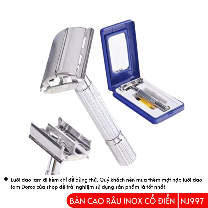 Bàn Cạo Râu Inox NANJIE NJ997 kèm lưỡi Lam không rỉ với chế đọ Xoay cán bàn Full Hộp