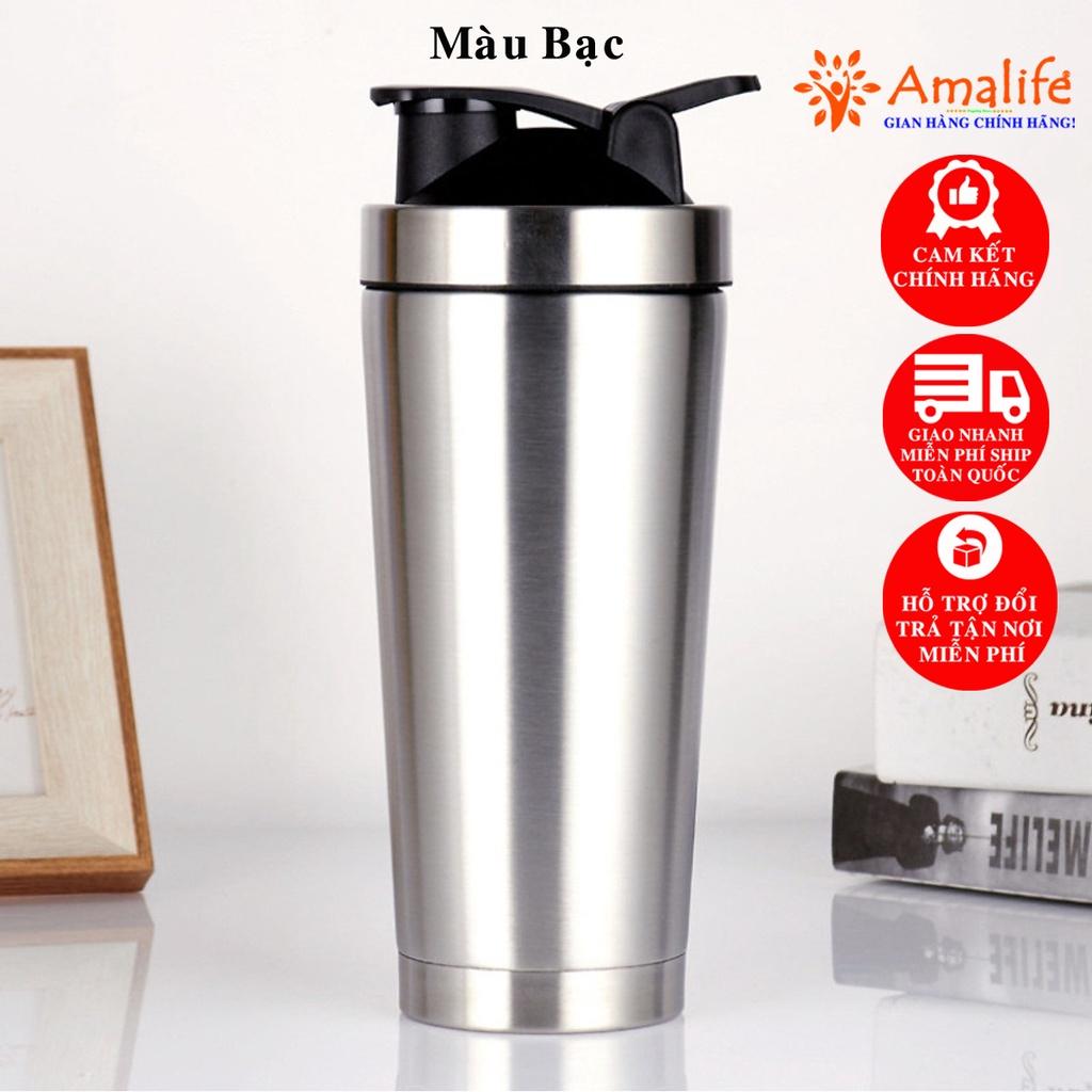 Bình Lắc Shaker Đựng Nước Inox 800ml – Màu Bạc – Tập Gym Thể Thao Chính Hãng Amalife – Kèm Bóng Lò Xo Lắc