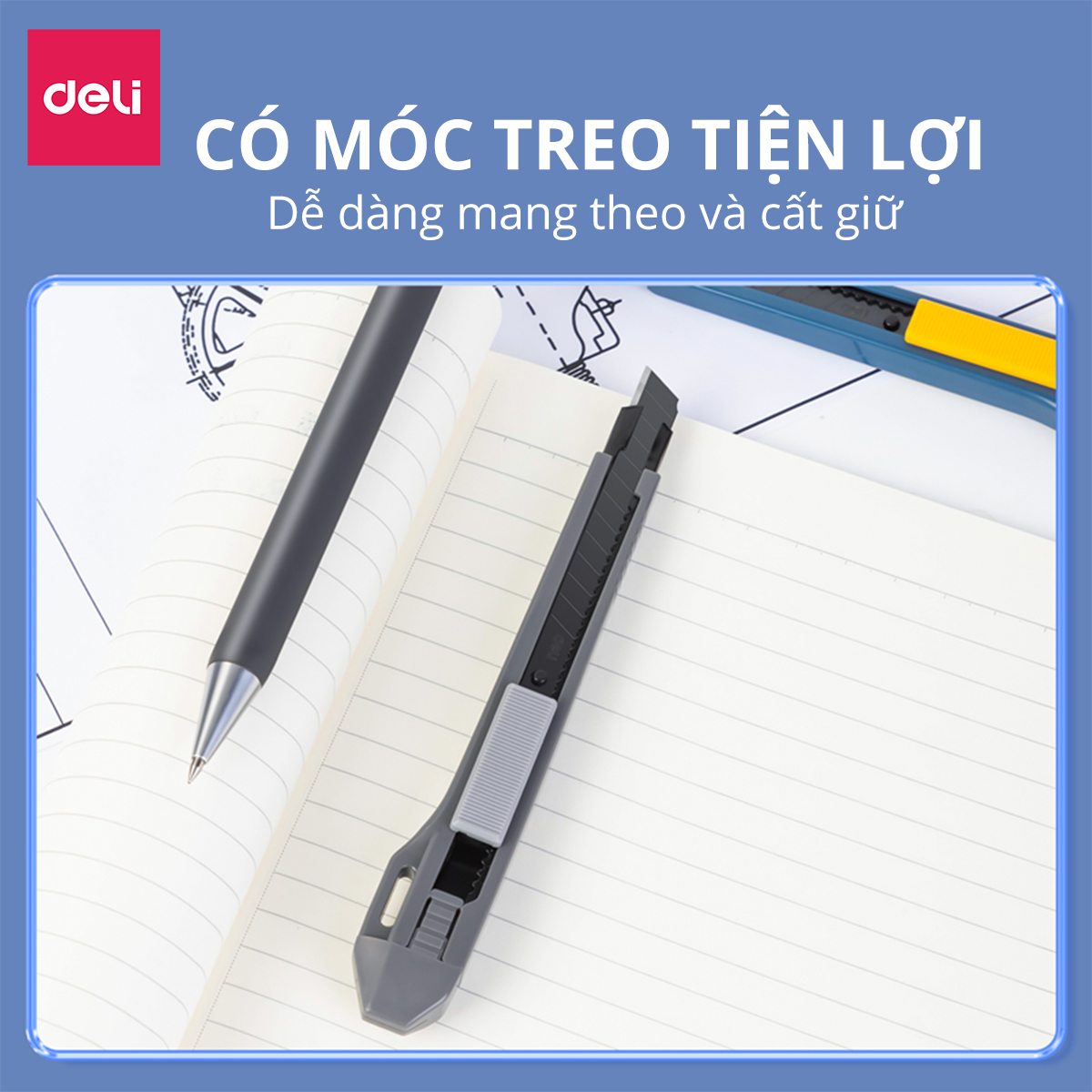 Dao rọc giấy Deli cao cấp lưỡi thép không gỉ SK5 loại 13 lưỡi - Dao rọc mini bỏ túi kim loại tiện lợi văn phòng học sinh có móc treo - Màu xám