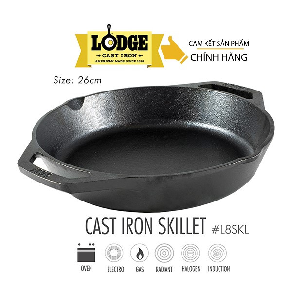 Chảo gang cỡ trung Lodge hai tay cầm 26cm - L8SKL. Dùng xào, nướng, chiên, áp chảo thực phẩm