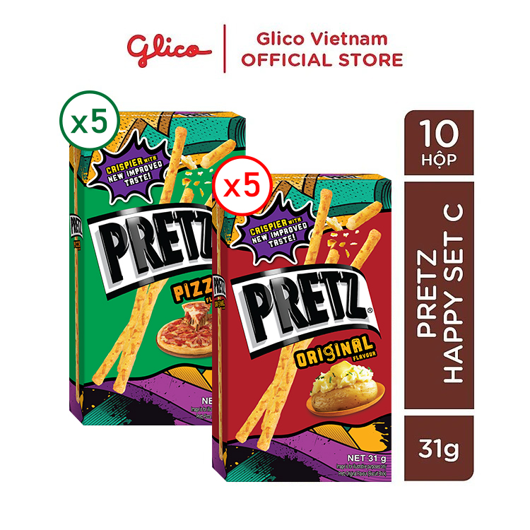 Bánh que mặn nướng giòn mix 2 vị khoai tây &amp; pizza GLICO Pretz (Combo Happy Set D - 5 khoai tây 5 pizza)